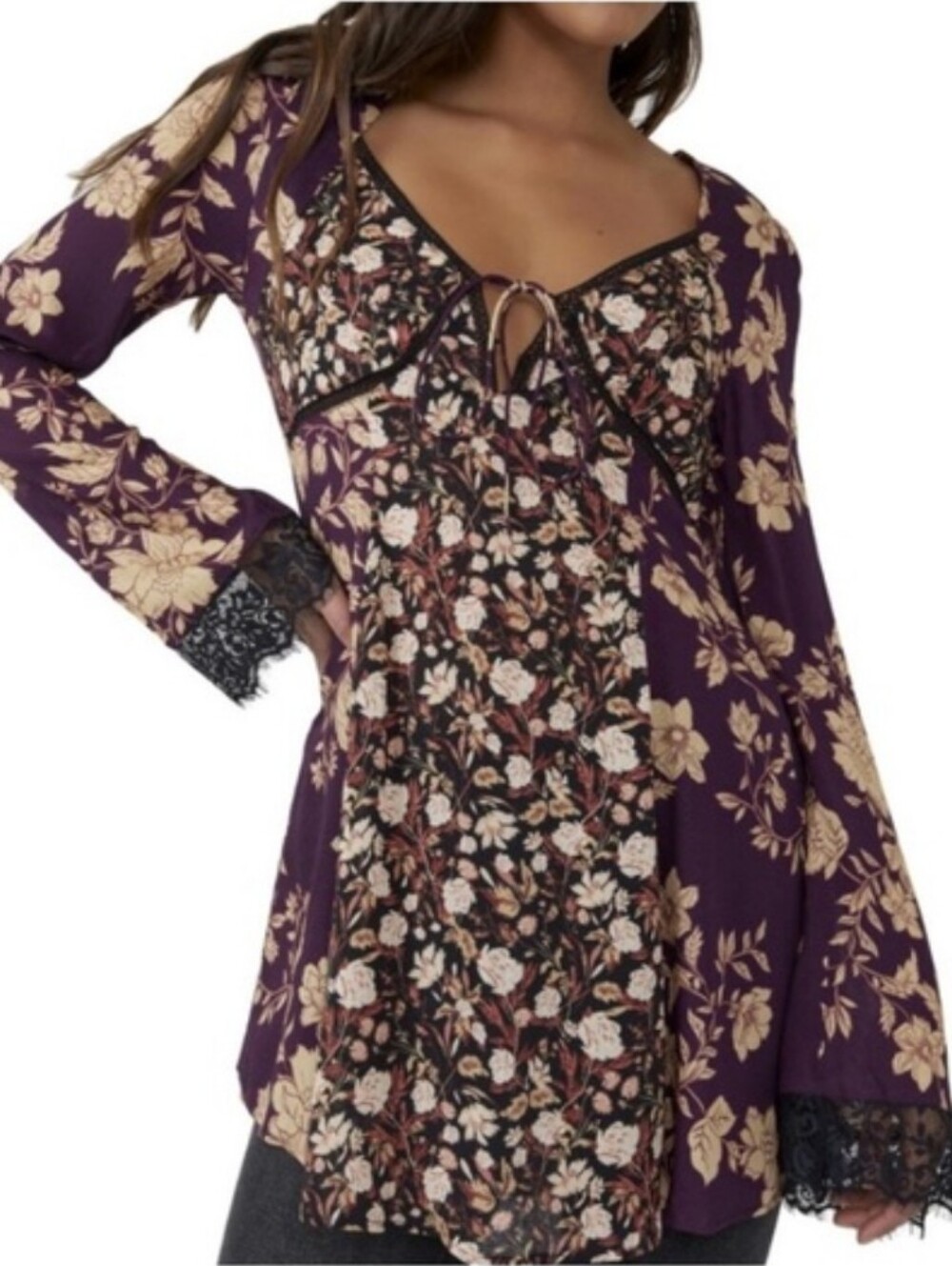 Free People Odette Floral Lace-Trim Purple Espresso Boho Tunic XS